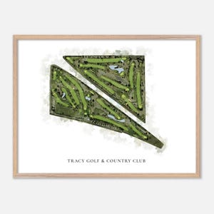 Tracy Golf & Country Club a Tracy, California - Mappa classica ad acquerello / Regalo per golfisti, Arte murale per golf, Stampa poster per golf, Layout del campo