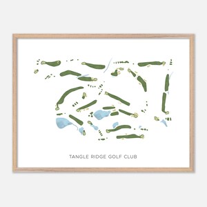 May include: A minimalist illustration of a golf course, featuring green fairways and blue water hazards. The text "Tangle Ridge Golf Club" is printed below the illustration.