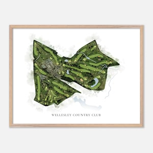 Wellesley Country Club à Wellesley, Massachusetts - carte aquarelle classique | Cadeau golfeur, oeuvre d'art murale de golf, impression d'affiche de golf, aménagement du parcours
