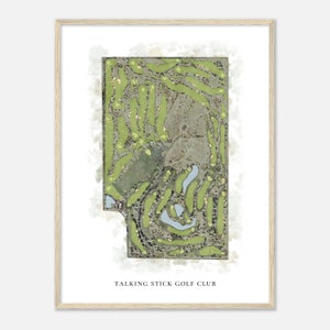 May include: A watercolor illustration of a golf course with green fairways and a blue lake. The text "Talking Stick Golf Club" is printed below the image.