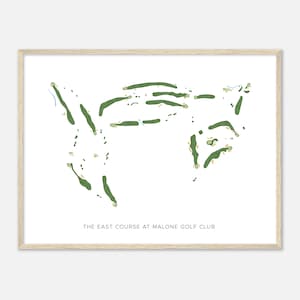 Könnte beinhalten: Eine grüne und weiße Illustration eines Golfplatzlayouts. Der Text "THE EAST COURSE AT MALONE GOLF CLUB" befindet sich am unteren Rand des Bildes.