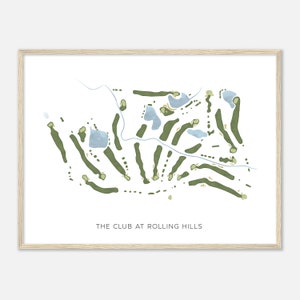 May include: A minimalist illustration of a golf course, featuring green and blue watercolor-style shapes. The text "THE CLUB AT ROLLING HILLS" is printed below the illustration.