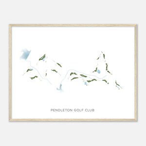 May include: A minimalist line drawing of a golf course with green fairways and blue water features. The text "PENDLETON GOLF CLUB" is printed below the image.