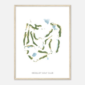 May include: A minimalist illustration of a golf course layout, with green and yellow lines representing the holes. The text "MEDALIST GOLF CLUB" is printed below the illustration.