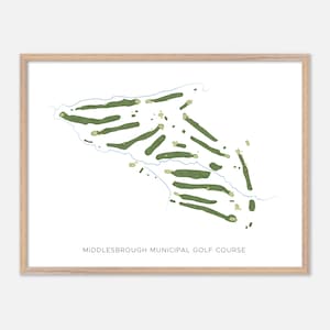 Könnte beinhalten: Gerahmter Druck des Plans des Middlesbrough Municipal Golf Course. Der Golfplatz ist in Grün auf weißem Hintergrund dargestellt, mit dem Text "Middlesbrough Municipal Golf Course" am unteren Rand des Drucks.