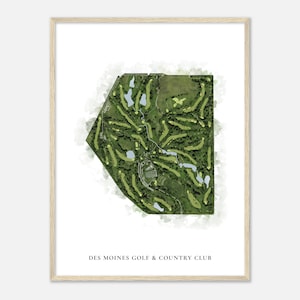 Des Moines Golf & Country Club, Iowa - Mappa classica dell'acquerello / Regalo per golfisti, Arte della parete del golf, Stampa poster del golf, Layout del campo