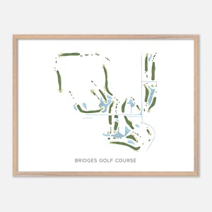 May include: A printable map of the Bridges Golf Course. The map shows the layout of the course with green and blue lines representing the holes and water features.