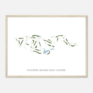 Puede incluir: Una ilustración minimalista de línea de un campo de golf, con colores verde y azul, titulada "Chicopee Woods Golf Course".