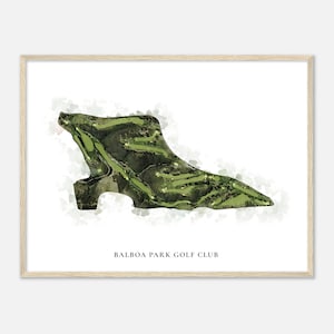 May include: A watercolor illustration of a golf course, with green fairways and sand traps, in the shape of a shoe. The text "BALBOA PARK GOLF CLUB" is printed below the image.