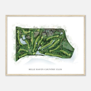 Belle Haven Country Club, Virginia - Klassische Aquarell Landkarte | Golfer Geschenk, Golf Wandkunst, Golf Poster Druck, Platz Layout