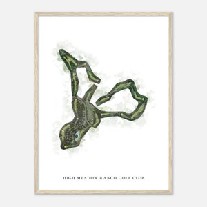 May include: A watercolor illustration of a golf course with green grass and white sand traps. The text "HIGH MEADOW RANCH GOLF CLUB" is printed below the image.
