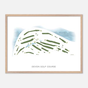 May include: A watercolor illustration of a golf course with green fairways and white sand traps. The text "DEVON GOLF COURSE" is printed below the image.