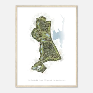 O curso da trilha da pantera em The Woodlands, Texas - mapa clássico em aquarela | Presente para golfista, arte de parede de golfe, impressão de pôster de golfe, layout do campo