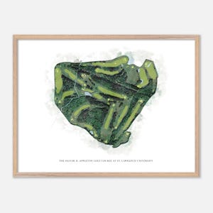 May include: A framed aerial view of a golf course, featuring green fairways and rough, with a watercolor-style background. The text at the bottom reads "THE OLIVER D. APPLETON GOLF COURSE AT ST. LAWRENCE UNIVERSITY."