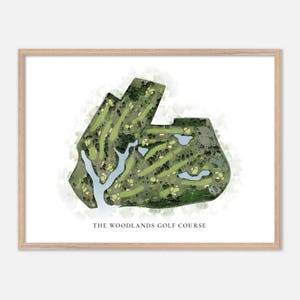 O campo de golfe Woodlands em Hampton, Virgínia - Mapa clássico em aquarela | Presente para golfistas, Arte de parede de golfe, Impressão de pôster de golfe, Layout do campo