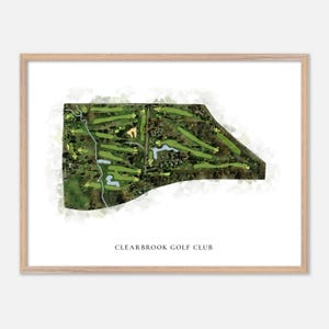 May include: A framed watercolor-style print of Clearbrook Golf Club. The artwork depicts a detailed aerial view of the golf course, with green fairways, water features, and trees. The text "CLEARBROOK GOLF CLUB" is printed at the bottom in a simple font.