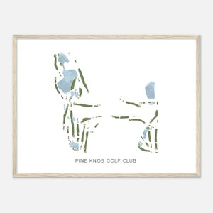 Puede incluir: Una ilustración de acuarela de un diseño de campo de golf con colores verdes y azules. El texto "PINE KNOB GOLF CLUB" está en la parte inferior de la imagen.
