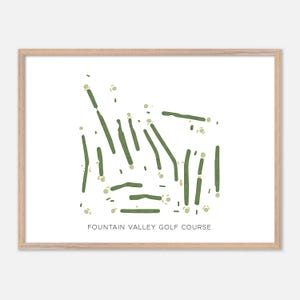May include: A framed print featuring a minimalist golf course map in shades of green and beige. The text "FOUNTAIN VALLEY GOLF COURSE" is printed in a simple font at the bottom of the image. The frame is made of light-colored wood.