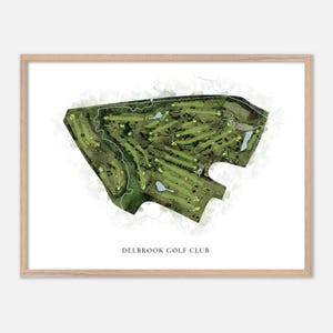 May include: A framed watercolour print of Delbrook Golf Club. The artwork features a detailed map of the golf course with green fairways, water features, and trees. The text "DELBROOK GOLF CLUB" is printed at the bottom.