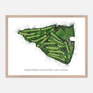 Könnte beinhalten: Ein gerahmter Druck des Middlesbrough Municipal Golf Course, der eine Karte des Golfplatzes im Aquarellstil zeigt. Die Karte zeigt grüne Fairways, Bäume und ein Gebäude, mit dem Namen des Platzes darunter gedruckt.