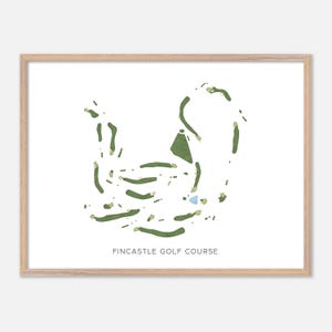 Puede incluir: Un mapa imprimible del campo de golf de Fincastle, que muestra el diseño del campo con líneas verdes que representan las calles y un área azul que representa un obstáculo de agua.