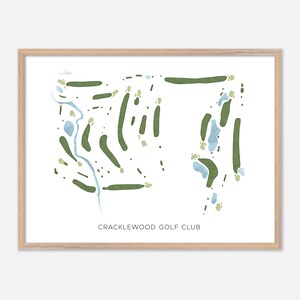 May include: A printable map of the Cracklewood Golf Club, featuring a green and blue color scheme. The map shows the layout of the golf course with the holes and water features.