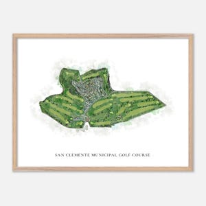 May include: Watercolor print of the San Clemente Municipal Golf Course, framed in a light wood. The course layout is depicted in shades of green, with fairways, greens, and surrounding areas. The text "SAN CLEMENTE MUNICIPAL GOLF COURSE" is printed at the bottom.