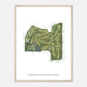 May include: A watercolor illustration of a golf course, with green fairways and white sand bunkers. The course is surrounded by trees and water. The text "Radrick Farms Golf Course" is printed below the image.
