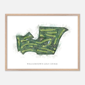 Puede incluir: Una impresión enmarcada del campo de golf de Williamstown. El diseño del campo se muestra en verde con calles amarillas y elementos acuáticos. La impresión tiene un efecto de acuarela y está sobre un fondo blanco. El texto "WILLIAMSTOWN GOLF COURSE" está impreso en la parte inferior.