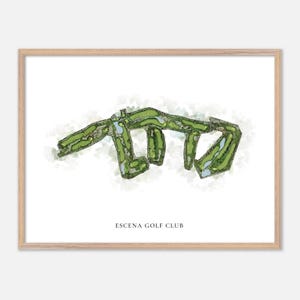 May include: A framed print featuring a watercolor-style golf course map. The course is rendered in shades of green, with water features in blue. The text "ESCENA GOLF CLUB" is printed in a simple font below the course illustration.
