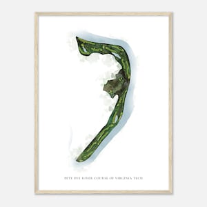 May include: A watercolor illustration of the Pete Dye River Course at Virginia Tech. The green golf course is surrounded by a light blue water feature.