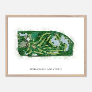 May include: A watercolor illustration of a golf course with green grass, a lake, and the text "SentryWorld Golf Course".