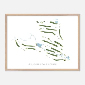 Könnte beinhalten: Eine druckbare Karte des Leslie Park Golfplatzes mit einem grünen und weißen Farbschema. Die Karte zeigt die Gestaltung des Golfplatzes mit den Löchern und Wasserhindernissen.