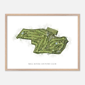 Mill River Country Club a Oyster Bay, New York - Mappa classica ad acquerello / Regalo per golfisti, Arte murale per golf, Stampa poster per golf, Layout del campo