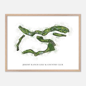 May include: A framed print featuring a watercolor-style golf course map. The course layout is rendered in shades of green, with water features and fairways visible. The text "JEREMY RANCH GOLF & COUNTRY CLUB" is printed at the bottom.