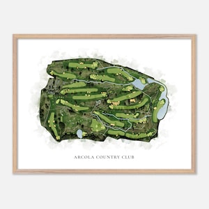 May include: A watercolour illustration of a golf course, with green fairways and sand traps. The text "Arcola Country Club" is printed below the image.
