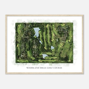 Campo de golfe Woodland Hills, Nebraska - mapa clássico em aquarela | Presente para golfista, arte de parede de golfe, impressão de pôster de golfe, layout do campo