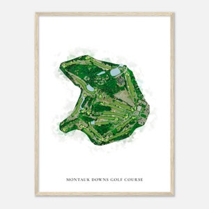 May include: A watercolor illustration of the Montauk Downs Golf Course, a green golf course with a white background.