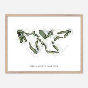 May include: Watercolor-style print of the Shell Landing Golf Club course layout. The artwork features green fairways and rough areas against a white background, framed in a light wood frame. The text "SHELL LANDING GOLF CLUB" is printed at the bottom.