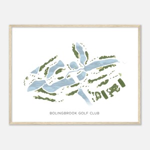 Pode incluir: Uma ilustração em aquarela de um layout de campo de golfe com tons verdes e azuis. O texto "BOLINGBROOK GOLF CLUB" está impresso abaixo da imagem.