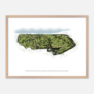 Bandon Dunes, Pacific Dunes & Old McDonald Golf Courses in Bandon, Oregon - Classic Watercolor Map | Golfer Gift, Golf Wall Art