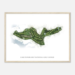 May include: A watercolor-style illustration of a golf course layout, with green fairways and water features. The text "LAKE PANORAMA NATIONAL GOLF COURSE" is printed below the image.