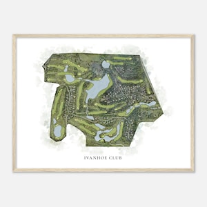 May include: A watercolor illustration of a golf course with green fairways, sand traps, and water features. The course is surrounded by trees and houses. The text "IVANHOE CLUB" is printed below the image.