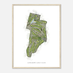 Könnte beinhalten: Eine Aquarellillustration eines Golfplatzlayouts mit grünen Fairways und Sandbunkern. Der Text "Longbow Golf Club" befindet sich am unteren Rand des Bildes.
