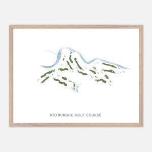 May include: A framed print of the Roxburghe Golf Course, showing a watercolour map with green fairways and a blue river. The print is set against a white background, with the course name at the bottom.
