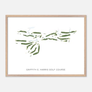 May include: A printable map of the Griffith E. Harris Golf Course, showing the layout of the course with green lines representing the fairways and white lines representing the water hazards.