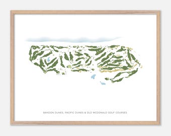Bandon Dunes, Pacific Dunes & Old McDonald Golf Courses in Bandon, Oregon - Modern Watercolor Map | Golfer Gift, Golf Wall Art
