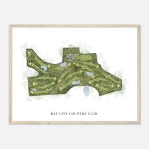 Bay City Country Club, Michail Greene - Klassische Aquarell Landkarte | Golfer Geschenk, Golf Wandkunst, Golf Poster Druck, Platz Layout