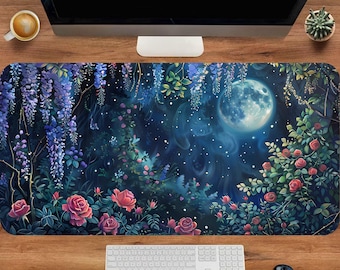 Wisteria Flower Mouse Pad, Night Sky Desk Mat, Floral Deskmat, Purple Mouse Pad, Cute Office Decor, Extended Keyboard Mat, Desk Accessories