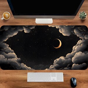 Star and Moon Mouse Pad, Black Cute Cloud Mouse Pad, Astrology Desk Pad, Cottagecore Desk Mat, Celestial Deskmat, Desk Decor, Xmas Gift